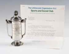 Scarce 1938 John Moores Littlewoods Sports & Social Club art deco style silver golf trophy -