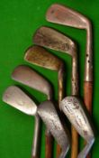 7x assorted irons - Smiths Patent Anti-shank winged toed mashie, Spieler Sammy by Winton, 2x Maxwell