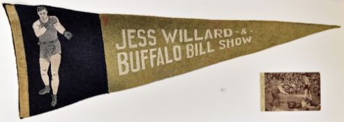 Scarce c.1917 Jess Willard & Buffalo Bill Show Boxing Pennant with Postcard depicting Willard