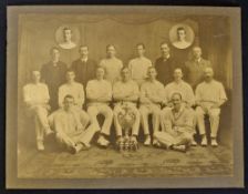 Large Victorian/Edwardian Cricket Team Photograph depicts a large Silver Trophy, unidentified,