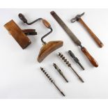 Various Tennis Racket Fabrication Tools - includes Woodworking Plane, a Rasp, Brace Drill for boring