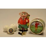 Collection of various golf ceramics to incl Sadler "Golfing" pot, bramble souvenir golf ball for