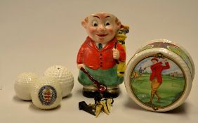 Collection of various golf ceramics to incl Sadler "Golfing" pot, bramble souvenir golf ball for