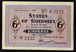 German Occupation Emergency Banknote - States of Guernsey - Dated 16th October 1941 a 6 pence