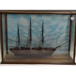 c.1960s Large Wooden Frigate in glass case, 3 masted, restored, restrung and put into glass case