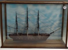 c.1960s Large Wooden Frigate in glass case, 3 masted, restored, restrung and put into glass case