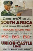 c.1930's Travel Poster - 'Union Castle Line' reduced return fares to South Africa, a colour