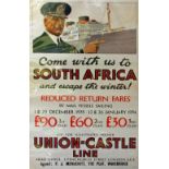 c.1930's Travel Poster - 'Union Castle Line' reduced return fares to South Africa, a colour