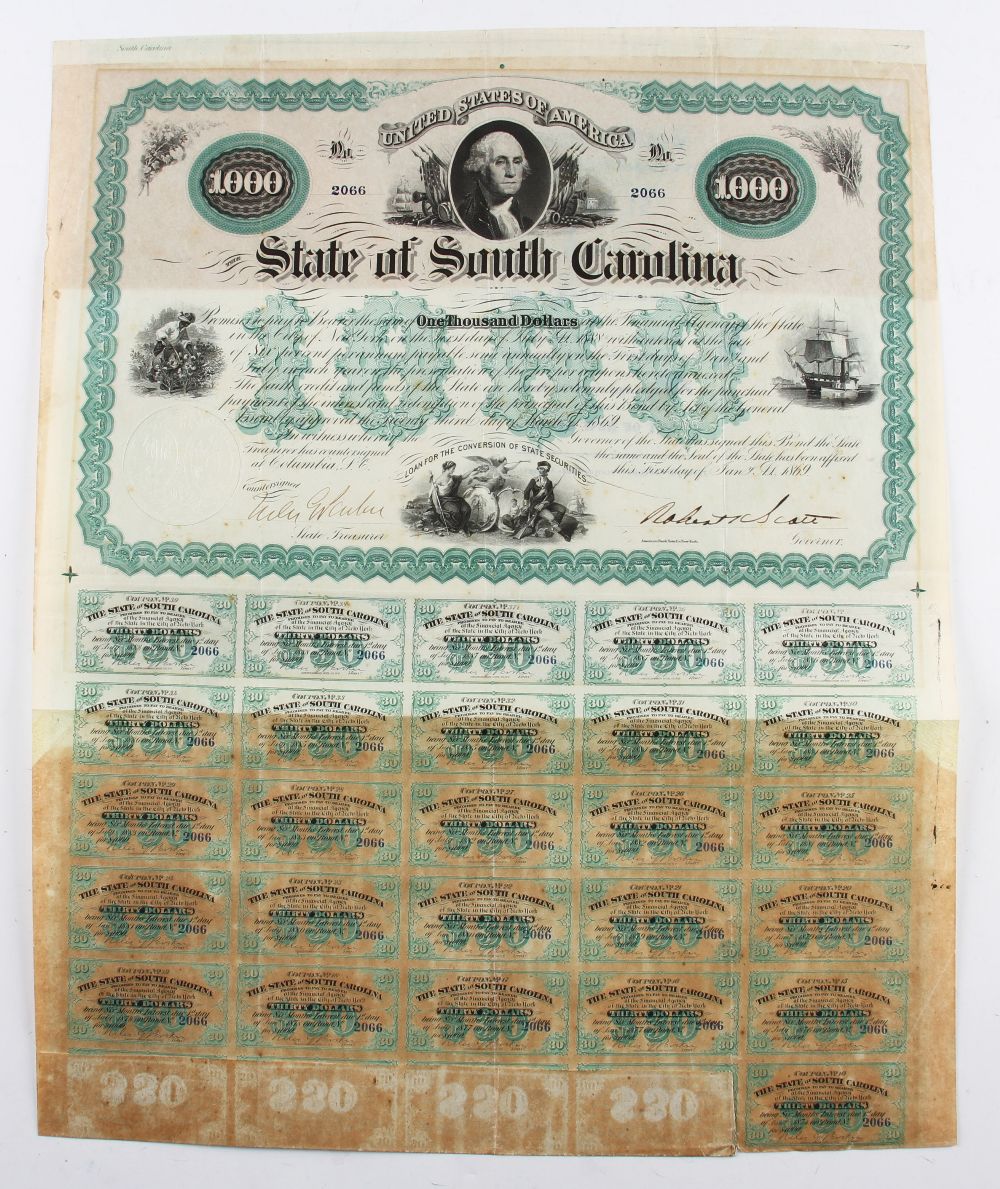 State Of South Carolina - 6% Loan. Bearer Bond for $1,000 1869 - Fine detailed printing with four