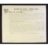 Barnstable Theatre, Devon 1833 Share Certificate - for 1 share, unissued. Also stating holder