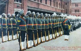 Sikhs in Hong Kong Postcard c.1900 - A vintage coloured postcard showing Sikh uniformed men in