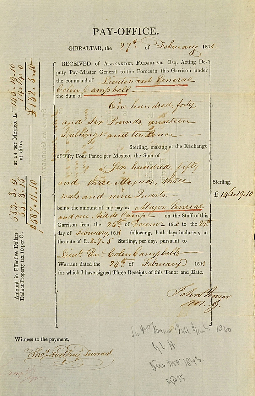 General Sir John Fraser (1760-1843) Pay Office Receipt - dated 27 Feb 1811, as Staff at Gibraltar
