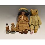 Early 20th Century Bisque Head Doll having bisque arms and wooden legs, with two small dolls with