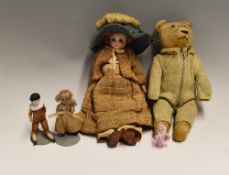 Early 20th Century Bisque Head Doll having bisque arms and wooden legs, with two small dolls with