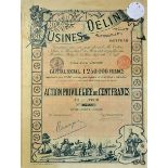 Very Early Automobile & Bicycle Manufacturer Bearer Certificate - S.A.Usine Delin, Cycles,