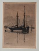 AR Blundell Signed Etching - signed to the mount, depicts boat in harbour, framed measures 34x40cm
