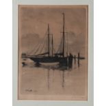 AR Blundell Signed Etching - signed to the mount, depicts boat in harbour, framed measures 34x40cm