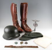 Selection of Military Items includes Helmet, Cap with German badge stitched to front, a '