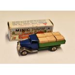 Triang Minic Tinplate Clockwork Lorry with blue cab and green bed, with 6 wooden crate cargo, with