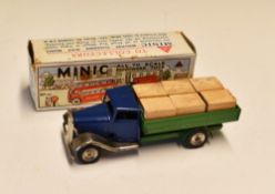 Triang Minic Tinplate Clockwork Lorry with blue cab and green bed, with 6 wooden crate cargo, with