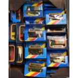 Group of Boxed Matchbox Diecast Cars and Commercial Vehicles all in blue windowed boxes, boxes in