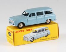 French Dinky Toys 24F Familiale 403 Peugeot car in blue with original box.