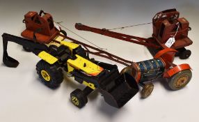 2x Triang Tinplate cranes with a Tonka tinplate tractor and another tin plate British made