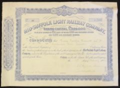 Mid-Suffolk Light Railway Company Share Certificate - (A 19-mile line in rural Suffolk between