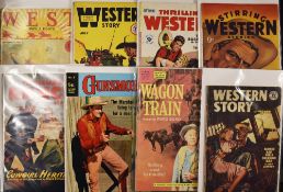 Mixed comic Book/Story Selection includes Western Story, Wagon Train, Gunsmoke, Thrilling Ranch,