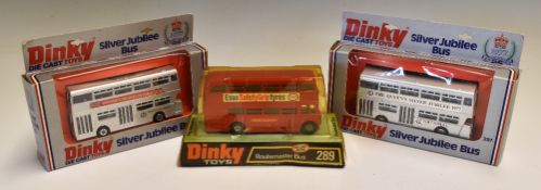 3x Dinky Toys Boxed Diecast Buses 289 Routemaster and two 297 Silver Jubilee Buses. (3)