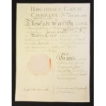 Rochdale Canal Company Certificate - for Six £100 shares made out to John Travis of Oldham. 1805.