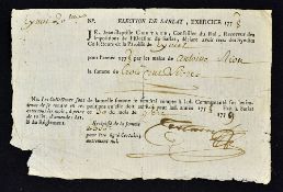 1779 French 'Election of Salary' Receipt - printed and completed in script -some wear to edges