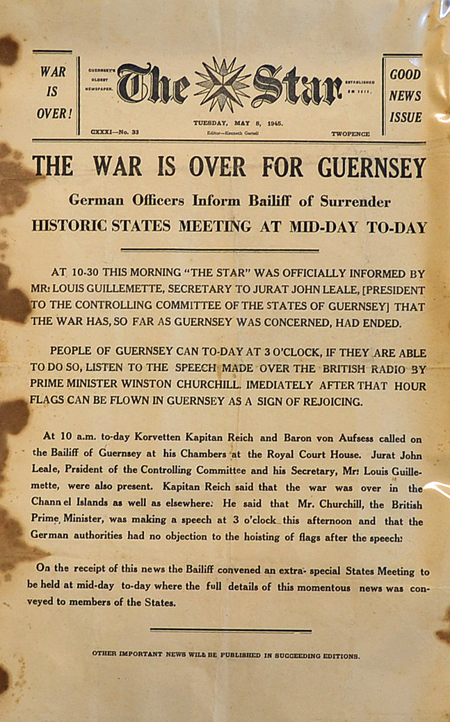 Poster German Occupied Guernsey Announcing The War Is Over - 8th May 1945. Hurriedly printed by "The