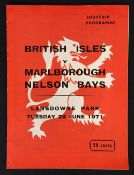 1971 British Lions v Marlborough Nelson Bays rugby programme - played at Lansdowne Park, (31-12