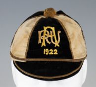 1922 New Zealand Auckland Rugby Union honour cap - black and gold 6 panel velvet cap with ARU 1922