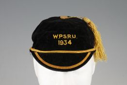 1934 New Zealand W.P.S.R.U. Rugby honours cap - small velvet black cap with gold braid, tassels