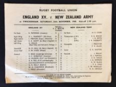 Scarce 1945 England XV v New Zealand Army Rugby programme - single folded sheet programme, played at