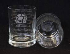 2x 1997 Scotland Rugby Famous Grouse whiskey tumblers - each having Scotland fixtures with Famous