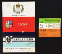 1977 British Lions v Barbarians rugby programme and ticket - played at Twickenham, 10th September in
