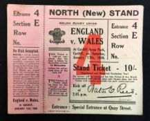 1938 Wales (Runners Up) v England Rugby ticket - played at Cardiff, January 15th, (Wales won 14-