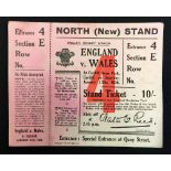 1938 Wales (Runners Up) v England Rugby ticket - played at Cardiff, January 15th, (Wales won 14-