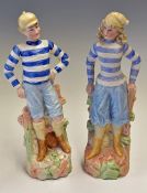 Pair of Victorian Continental Ceramic Football Figures in blue and white hooped shirts complete with