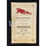 Rare 1913 Wales (Runners Up) v England (Grand Slam) rugby dinner menu - held at Queens Hotel Cardiff