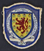 1958 Scotland blazer badge, dark blue surround shield shaped, red centre with thistle surround