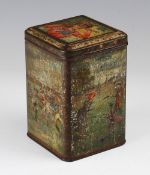 Victorian rugby and sporting tin tea caddie -each panel and lid decorated with coloured sporting