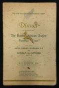 1937 New Zealand v South Africa rugby dinner menu - held on Saturday 25th September at Hotel Cargen,