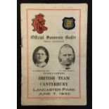 1930 British Lions v Canterbury Rugby tour programme - played at Christchurch, 7th June one of