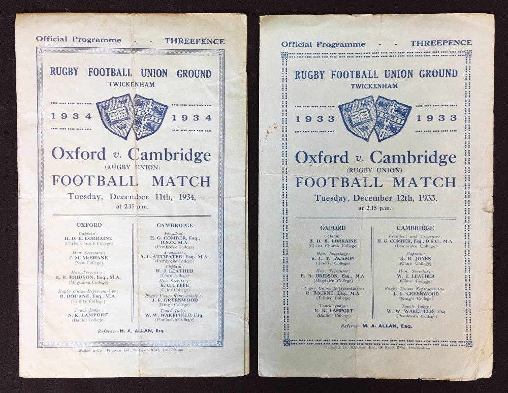 1933 & 1934 Oxford v Cambridge Varsity rugby programmes - both single folded sheet programmes, usual