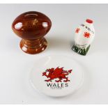 Rugby Ceramics Selection - including rugby ball money box on plinth, overall 5"x5", Wales