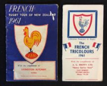 1961 France Rugby Tour to New Zealand fixture cards/itineraries - two different small format